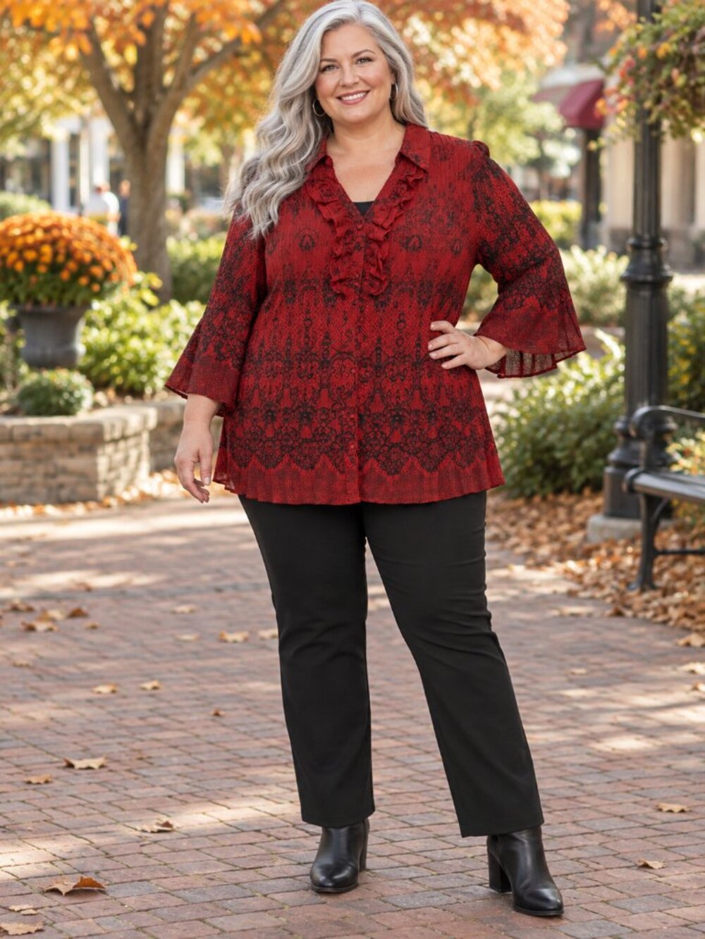 Fashion Bug Red Black Floral Ruffle Bell Sleeve Crinkle Blouse 18/20W